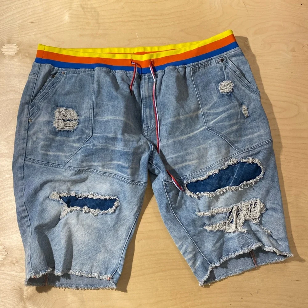 Born Fly Stylish Distressed Denim Shorts with Colorful Waistband 46 (OV) - Picture 6 of 10